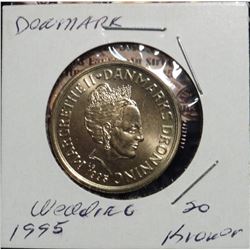 1995(h) LG, JP Denmark 20 Kroner. Margrethe II Wedding of Prince Joachim Coin. KM881. Gem BU.