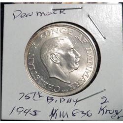 1870-1945 Denmark 2 Kroner King's 75th Birthday. KM836.  .800 fine silver. Gem BU.