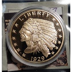 1929 Gold Indian Half Eagle Coin Replica. Material: Cu, layered in 24k Gold; Quality: Proof; Diamete