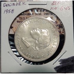 (1958)(h) C; S Denmark 2 Kroner. Princess Margrethe's 18th Birthday. KM845. .800 fine Silver. Mintag