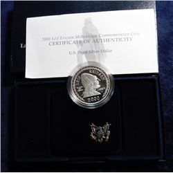 2000 P Leif Ericson Millennium Commemorative Proof Silver Dollar. In original box as issued by the U