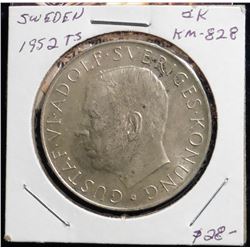 ND (1952) TS Sweden Five Kroner. 70th Birthday of Gustaf VI Adolf. .400 fine Silver. KM828. Mtg. 219