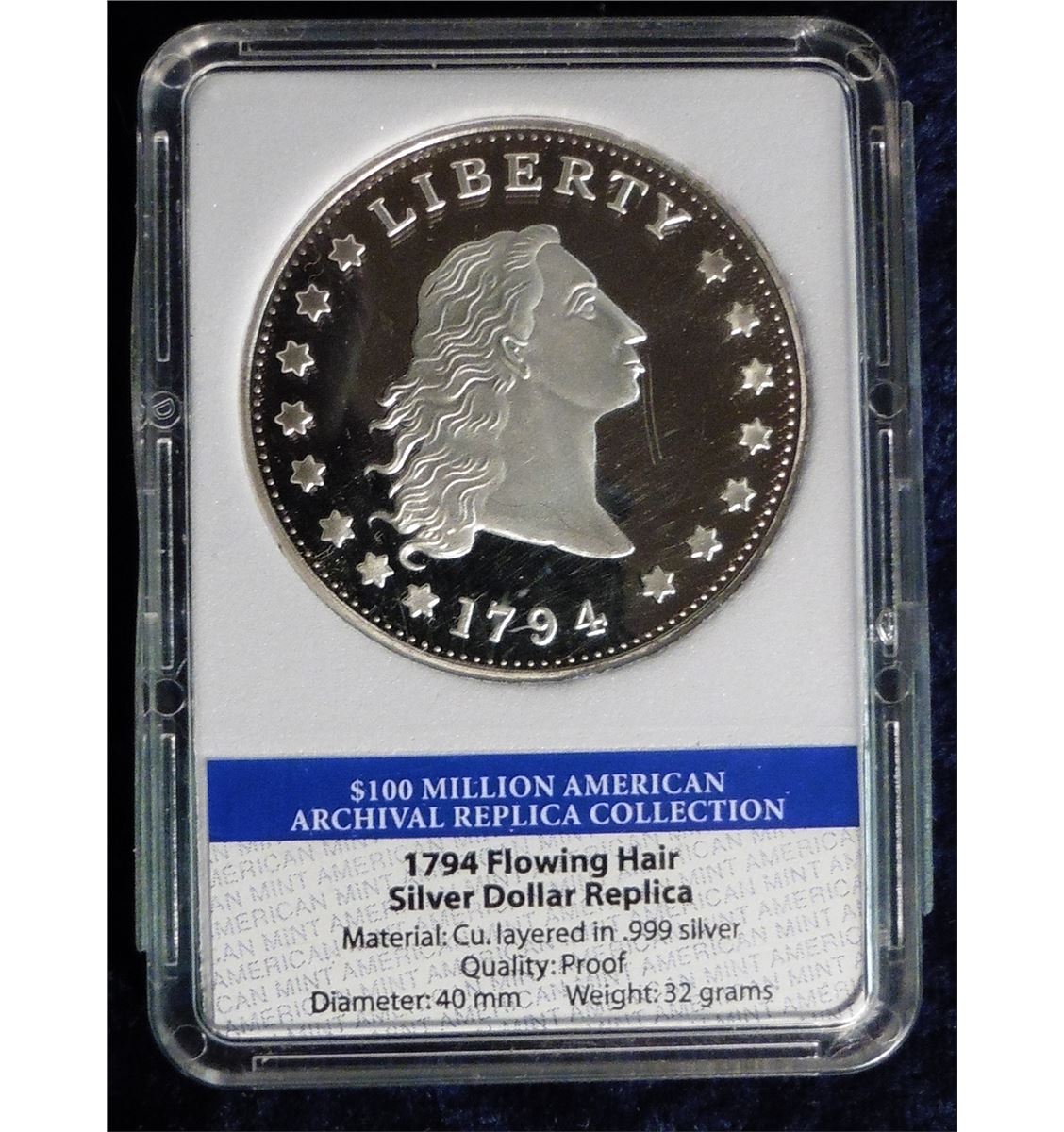 1794 Flowing Hair Silver Dollar Replica In Holder 100 Million