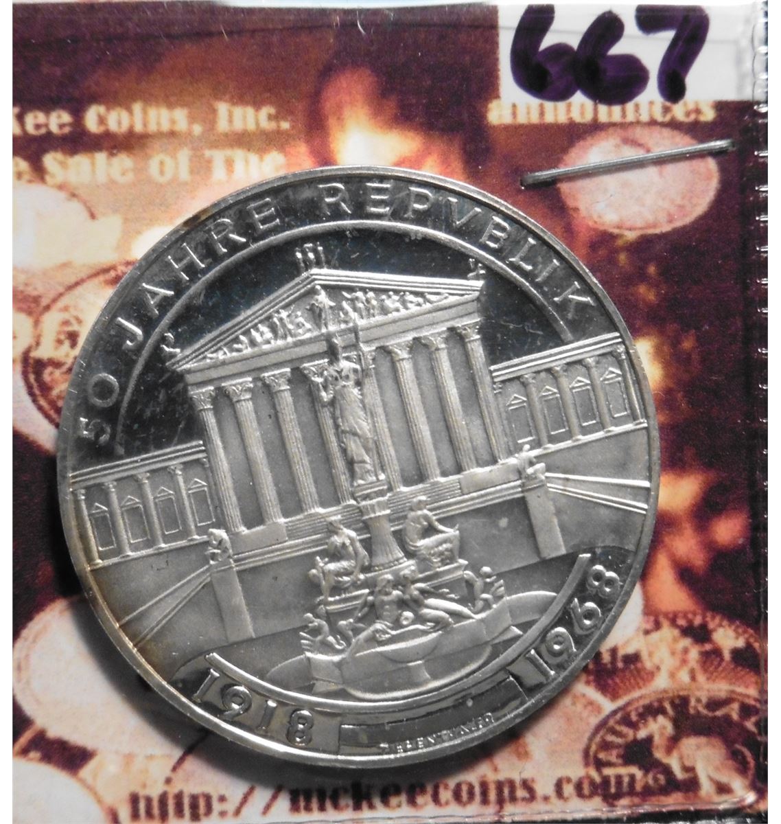 1968 Austria 50 Schillings Anniversary Republic Commemorative Proof Silver Coin