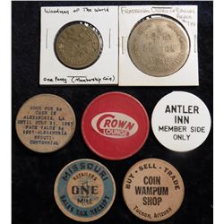 Pair of Wooden Nickels;  Woodmen of the World  One Penny; (3) odd material Tokens; &  Fraternal Orde