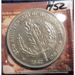 ND(1967) 1942-1967 Philippines One Peso .900 fine Silver 25th Anniversary of Bataan Death March. KM1