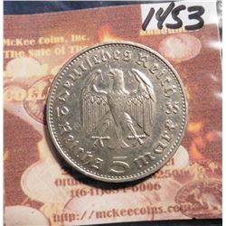 1935D Germany Five Mark KM86. Hindenburg Issue. .900 fine Silver. AU. KM value $30 in Unc.