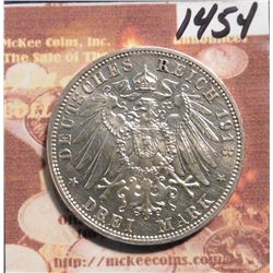 1913E Saxony, Germany Three Mark. KM1275. .900 fine silver. Battle of Leipzig Centennial. Uncirculat