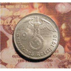 1938B Germany Two Mark Third Reich KM93. Swastika-Hindenburg Issue. .6250 fine Silver. BU. KM value 