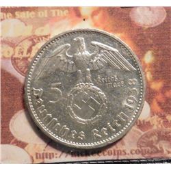 1938B Germany Five Mark Third Reich KM94. Swastika-Hindenburg Issue. .6250 fine Silver. BU. KM value