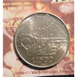 1965 Italy 500 Lire 0.835 fine Silver 700th Anniversary Birth of Dante Allighieri, Poet. KM100.