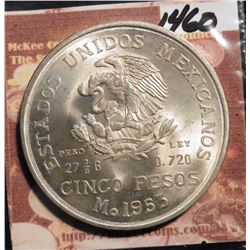 1953 Mexico Five Peso. .720 fine Silver. Bicentennial of Hidalgo's Birthday. KM468. Brilliant Unc. K
