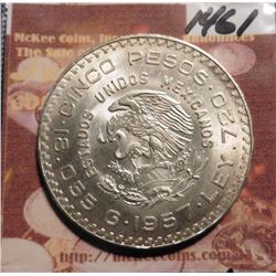 1957 Mexico Five Peso. .720 fine Silver. 100th Anniversary of Constitution. KM470. Brilliant Unc. KM