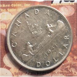 1951 Canada Silver Dollar.  3 Water lines. KM46. AU. KM value $40.00.