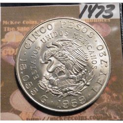 1959 Mexico Five Pesos. KM471. .720 fine silver. Centennial of Carranza's Birth. Brilliant Uncircula