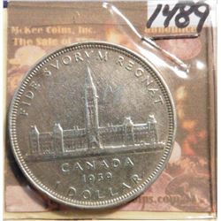 1939 Canada Parliamentary Silver Dollar. .800 fine Silver. KM # 38. AU 50.