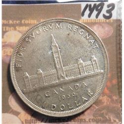 1939 Canada Parliamentary Silver Dollar. .800 fine Silver. KM # 38. AU 50.