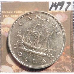 1949 Canada Silver Dollar. EF 40. "The Matthew, John Cabot's ship. KM47.