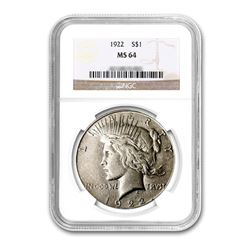 1922 $1 Peace Silver Dollar - NGC MS64