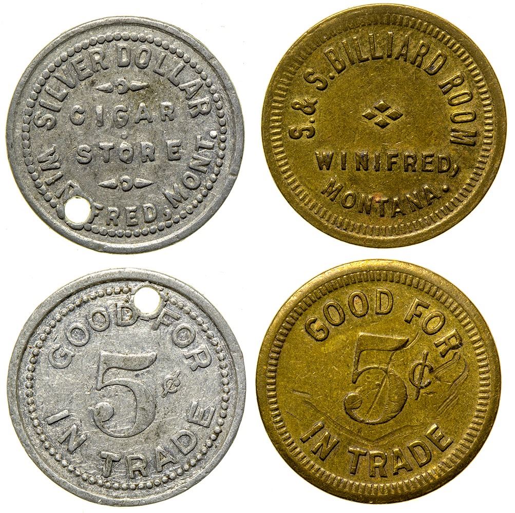 Two Winifred Tokens: S&S Billiard Room and Silver Dollar Cigar