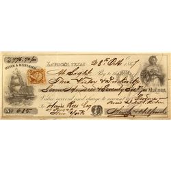 1867 Texas Check w/ Sailing Ship Vignette