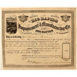 Big Rapids Improvements and Manufacturing Co. Stock Certificate, 1872