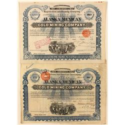 Two Alaska Mexican Gold Mining Co. Stock Certificates w/ Foreign Revenues