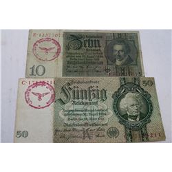TWO NAZI BANKNOTES - 50 MARK & 10 MARK X2