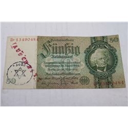 NAZI WWII 50 MARK STAMPED AUSCHWITZ JUD