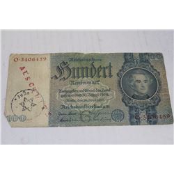 NAZI WWII 100 MARK STAMPED AUSCHWITZ JUD