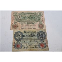 TWO GERMAN BANKNOTES - 1910 20 & 50 MARK