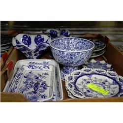TRAY OF BLUE AND WHITE DISHES, VASES ETC.