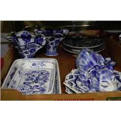 TRAY OF BLUE AND WHITE DISHES, VASES ETC.