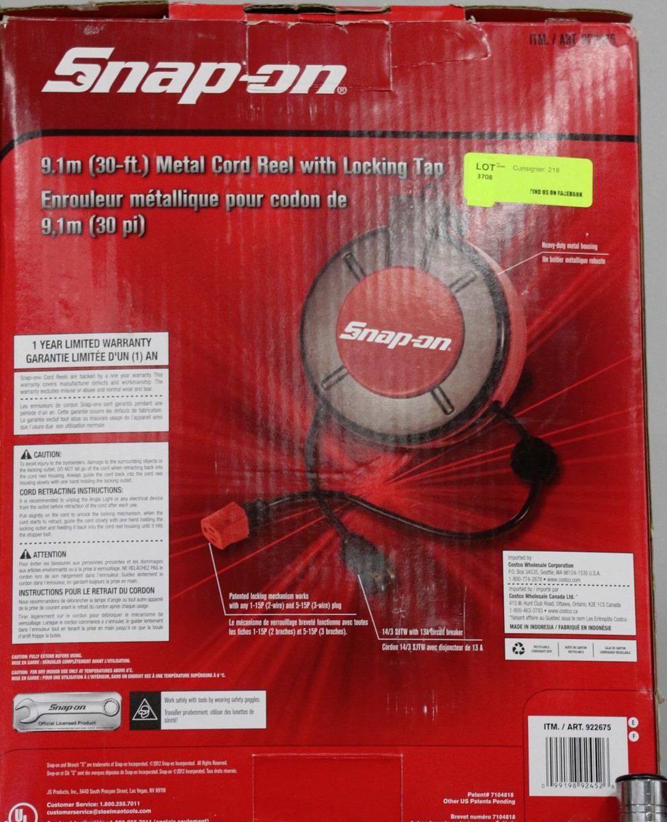 SNAPON 30FT METAL CORD REEL W/ LOCKING TOP