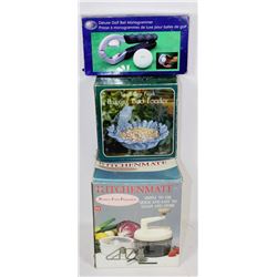 BOX OF FOOD PROCESSOR, BIRD FEEDER + GOLF BALL