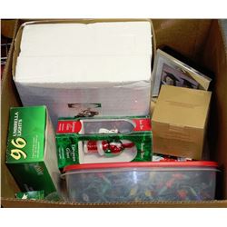 BOX OF ASSORTED CHRISTMAS ORNAMENTS & DECORATIONS
