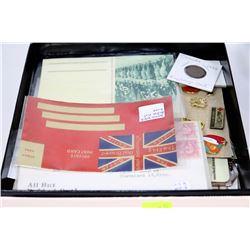 LARGE LOT OF COLLECTIBLES, STAMPS, COINS & WWII