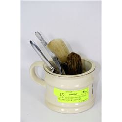 OLD BARBER SHAVING MUG WITH TWO BRUSHES & CLIPPERS