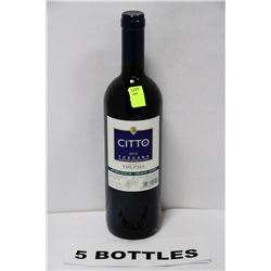 FIVE 750ML BOTTLES OF CITTO 2010 RED WINE 14%