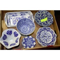 TRAY OF BLUE AND WHITE DISHES/VASES/ETC