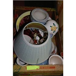 BOX OF CERAMIC BOWLS, PLATES, LAMPS ETC.