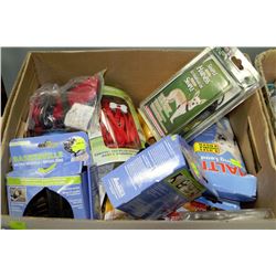 BOX OF MISC PET SUPPLIES INCLUDING DOG TOYS,