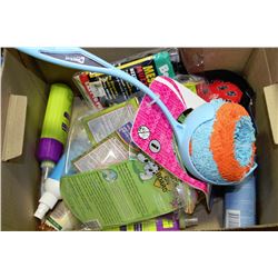 BOX OF MISC PET SUPPLIES INCLUDING DOG TUG TOYS,