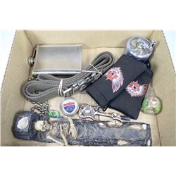 BOX W/ FLASK, BELT, GRINDERS, PIPES, ETC.