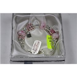 SILVER PINK GLASS CHARMS BRACELET
