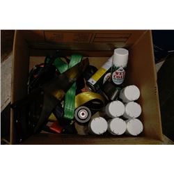 BOX WITH 9 NEW BOTTLES OF TREE PAINT, HARNESS &