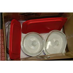 BOX W/ 2 LIDDED WHITE BAKING DISHES AND