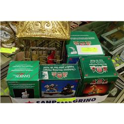 BOX OF CHRISTMAS DECOR SOLD W/ GOLDEN BIRD CAGE