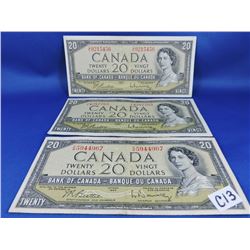 (3) 1954 Canada 20 Dollar Bills