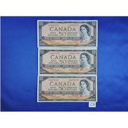 (3) 1954 Canada 50 Dollar Bills